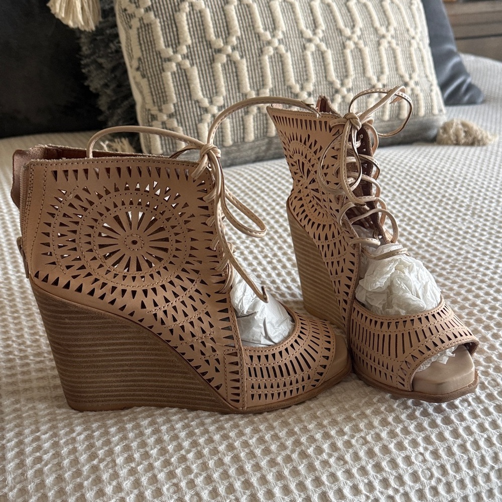 Jeffrey Campbell Laser-Cut Lace-Up Wedge Sandals in Tan